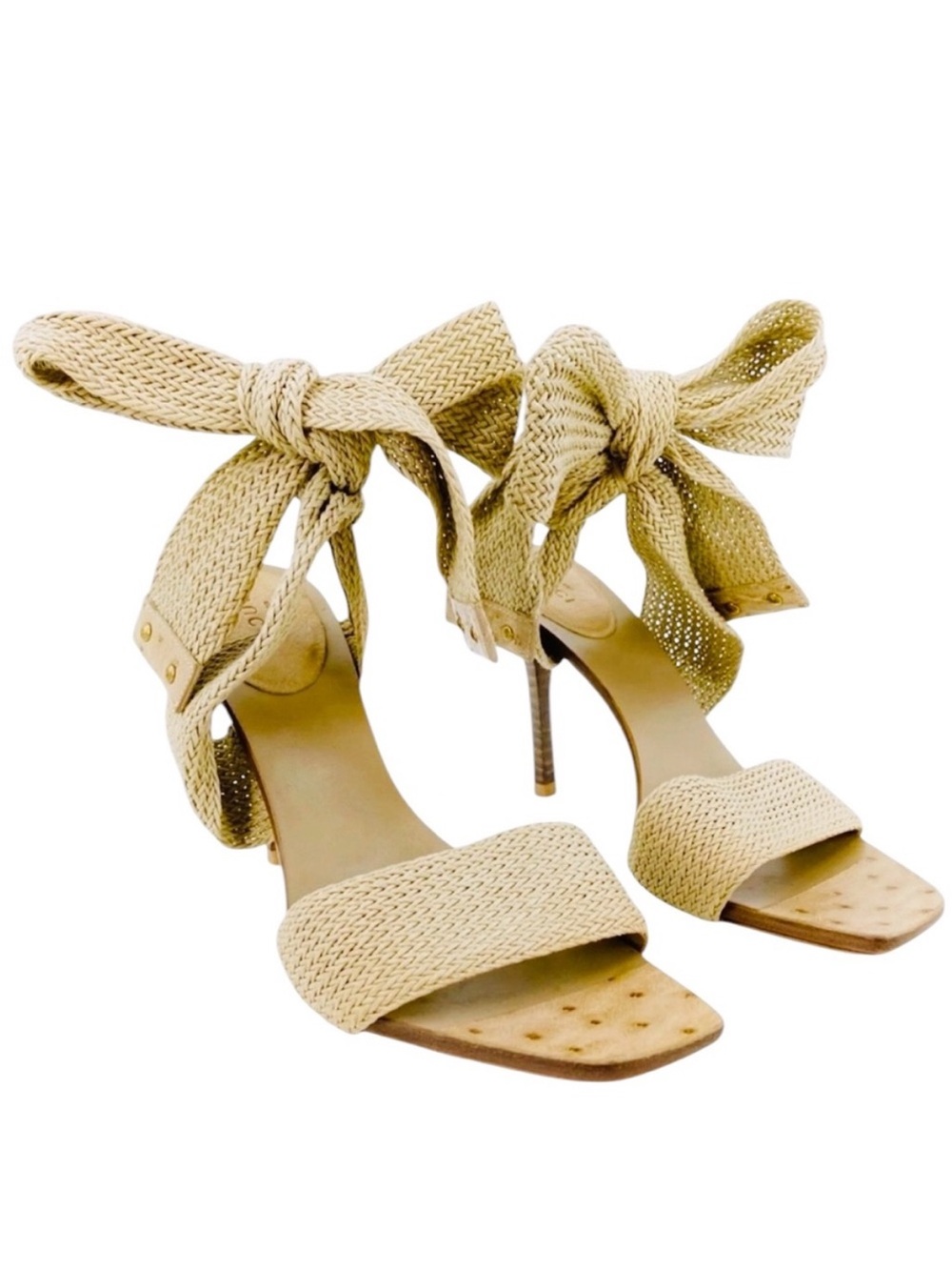 GUCCI TOM FORD Era Tan Ostrich Leather Woven Ankle Tie Heeled Sandals 2002